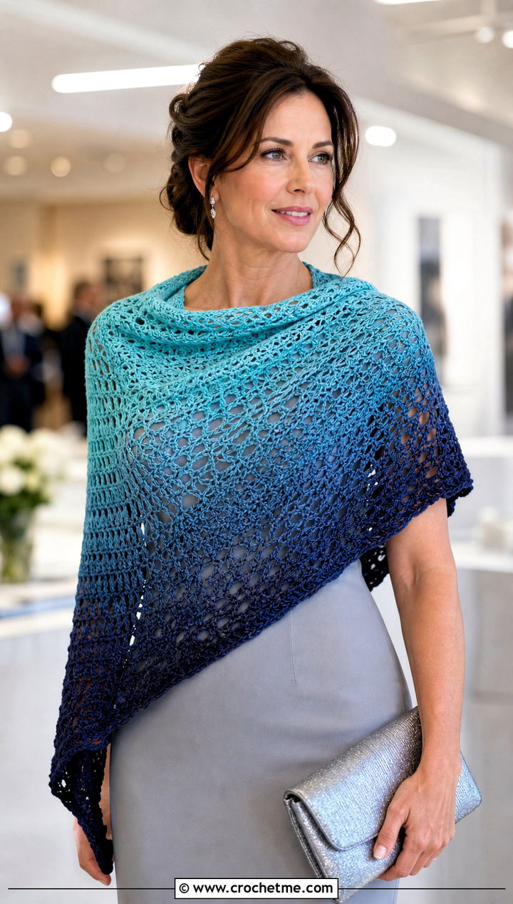 Ombre Asymmetrical Crochet Shawl With Column Dress And Heels - 30 asymmetrical crochet shawl outfit ideas