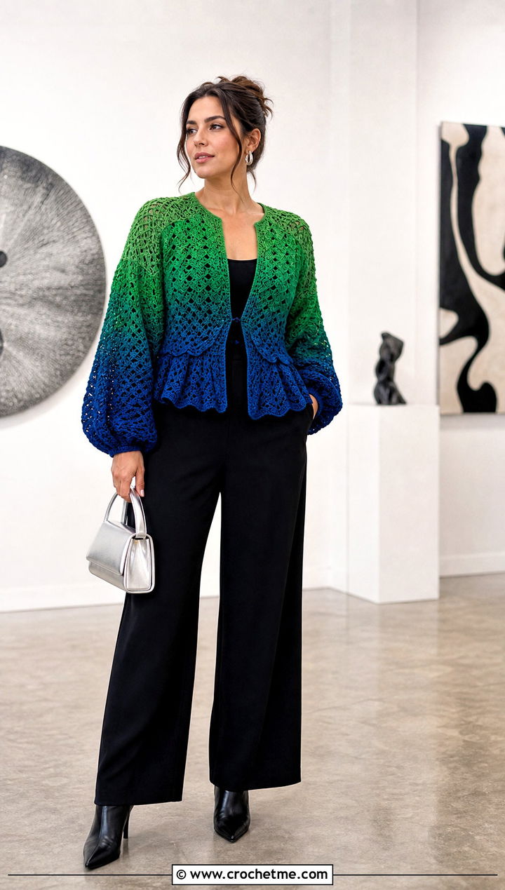 Ombre Balloon Sleeve Crochet Peplum Sweater With Black Jumpsuit - 15 Crochet Peplum Sweater outfit ideas