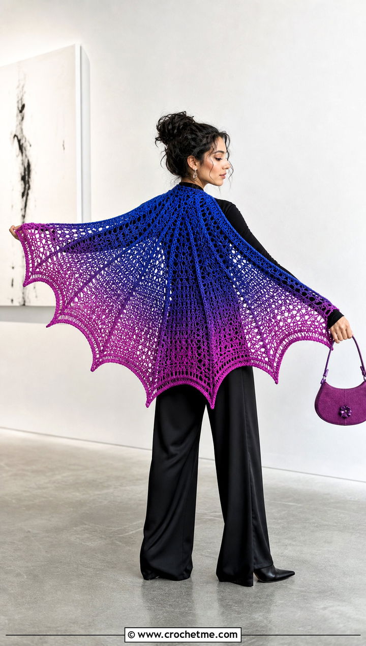 Ombre Bat Wing Crochet Shawl With Monochrome Outfit - 25 bat wing crochet shawl outfit ideas