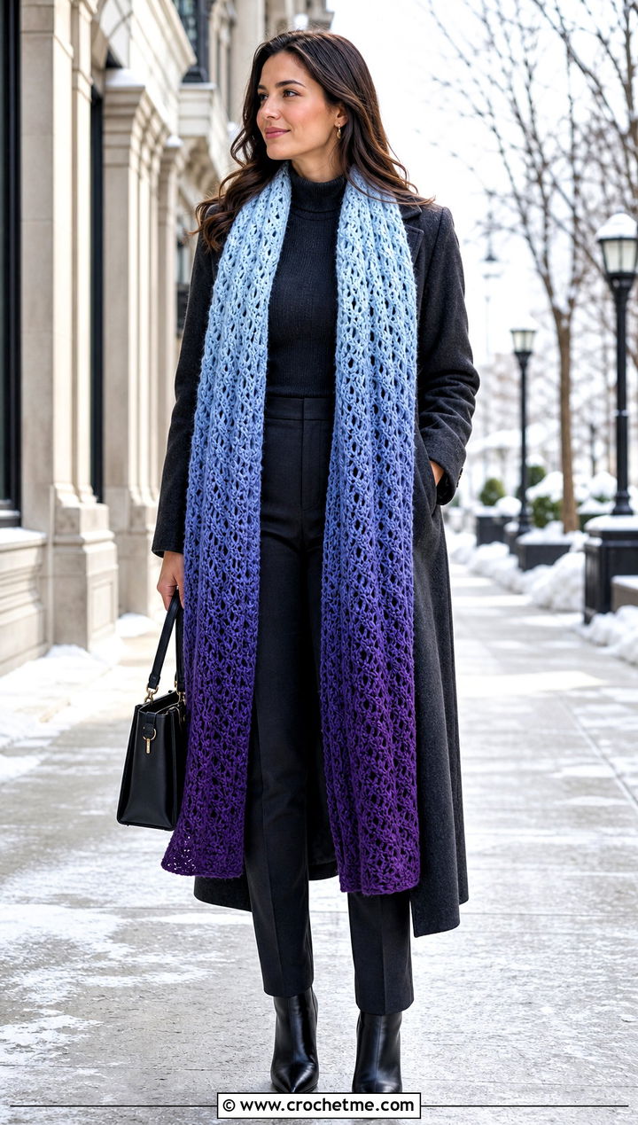 Ombre Bonfire Scarf With Long Wool Coat - 20 Crochet Bonfire Scarf outfit ideas
