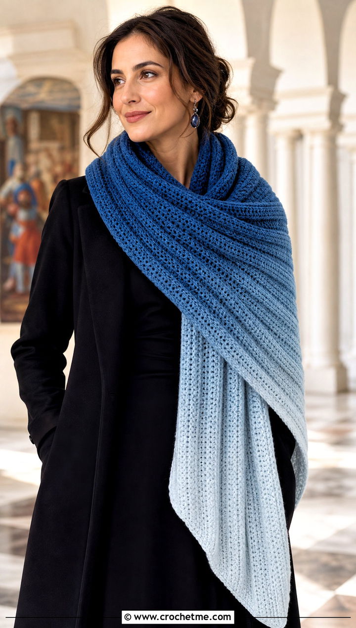 Ombre Brioche Crochet Scarf With Monochrome Dress - 25 Brioche Crochet Scarf outfit ideas
