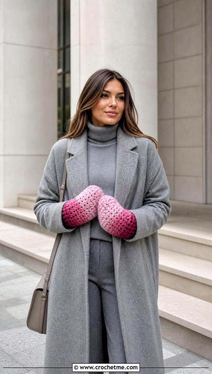 Ombre Bulky Crochet Mittens With Monochrome Outfit - 20 Crochet Mittens Bulky Yarn outfit ideas