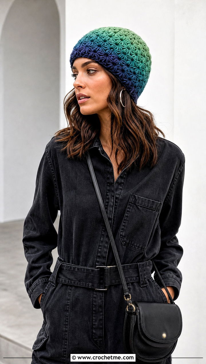 Ombre Burst Crochet Beanie With Utility Jumpsuit - 15 burst crochet beanie outfit ideas