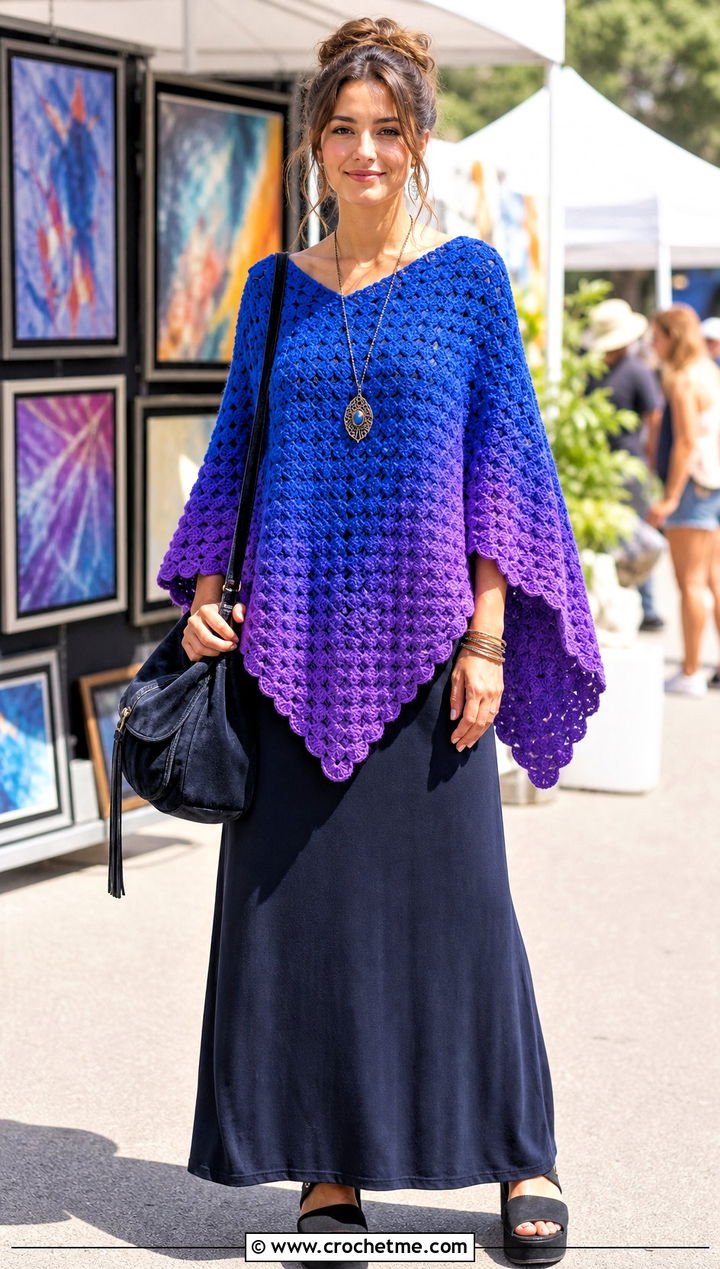Ombre C C Poncho With Maxi Dress - 15 Crochet C2C Poncho outfit ideas