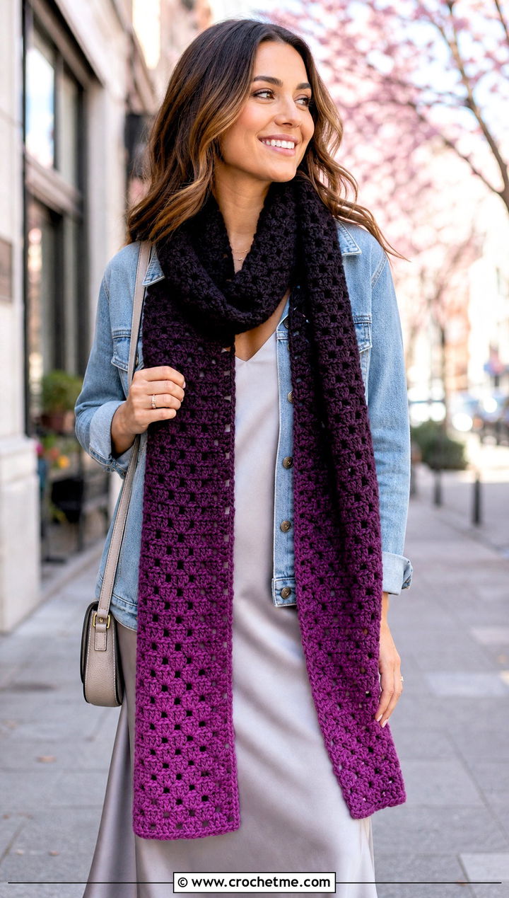 Ombre C C Rectangle Scarf With Denim Jacket And Slip Dress - 35 c2c crochet scarf outfit ideas