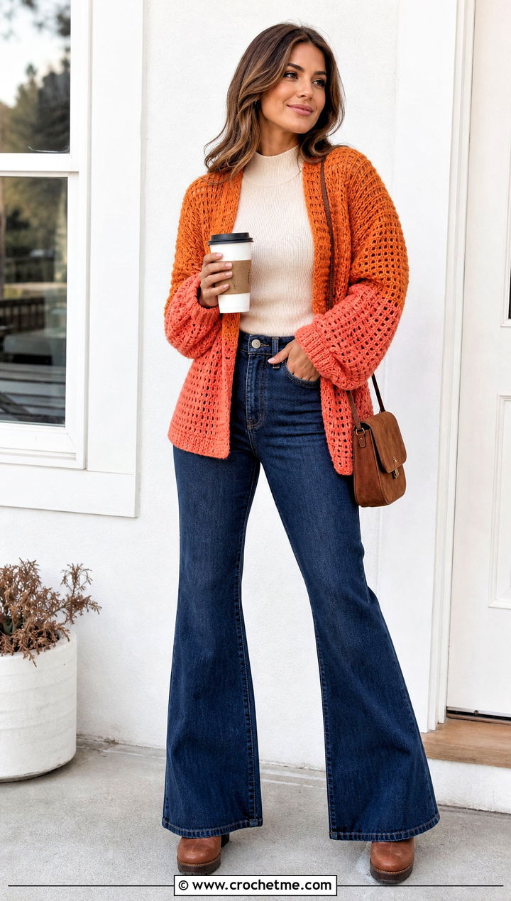 Ombre Campfire Cardigan With Flared Jeans - 30 crochet campfire cardigan outfit ideas