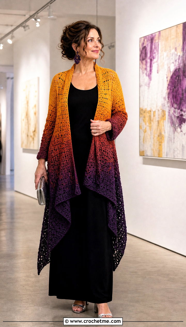 Ombre Cascade Crochet Cardigan With Black Maxi Dress - 15 cascade crochet cardigan outfit ideas