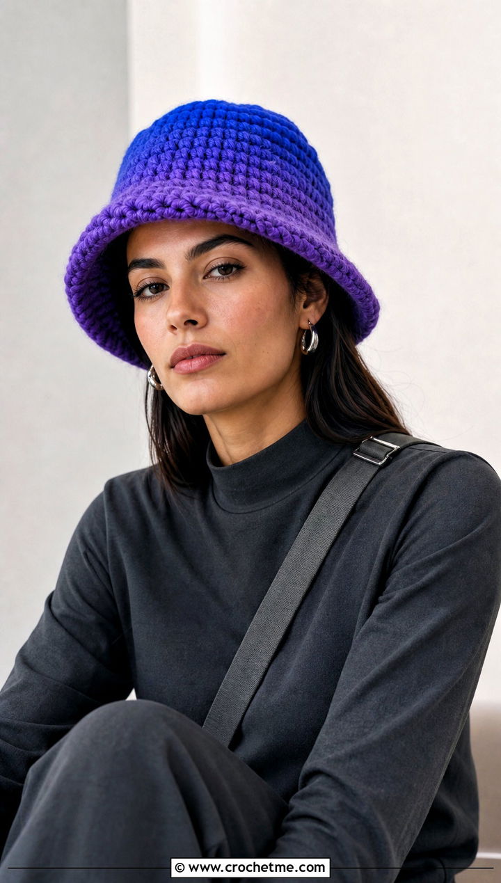 Ombre Chunky Bucket Hat With Monochrome Outfit - 30 crochet chunky bucket hat outfit ideas