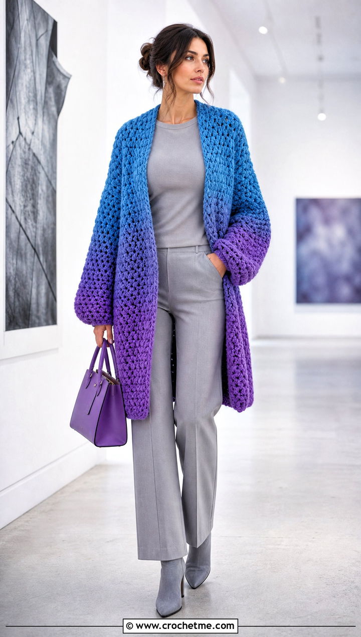 Ombre Chunky Crochet Cardigan With Monochrome Basics - 25 Bulky Crochet Cardigan outfit ideas
