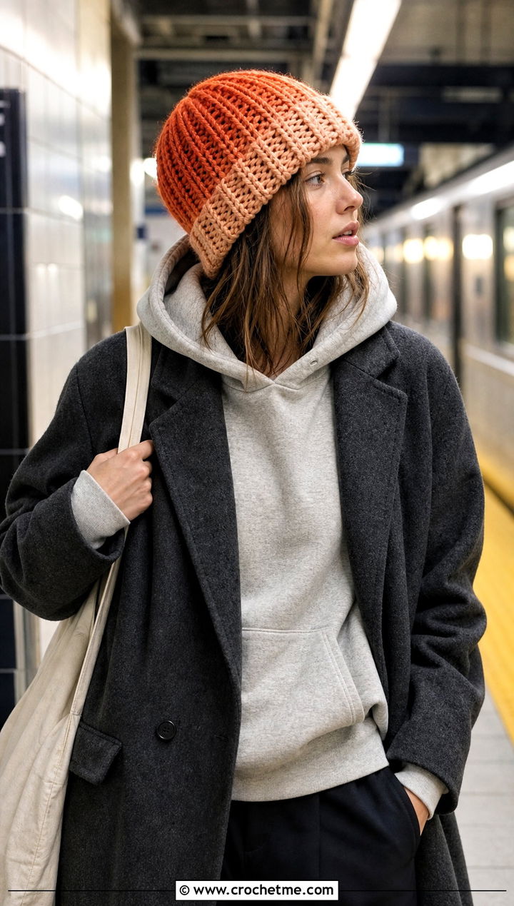 Ombre Chunky Crochet Hat With Hoodie And Wool Coat - 15 Crochet Hat That Looks Knitted outfit ideas