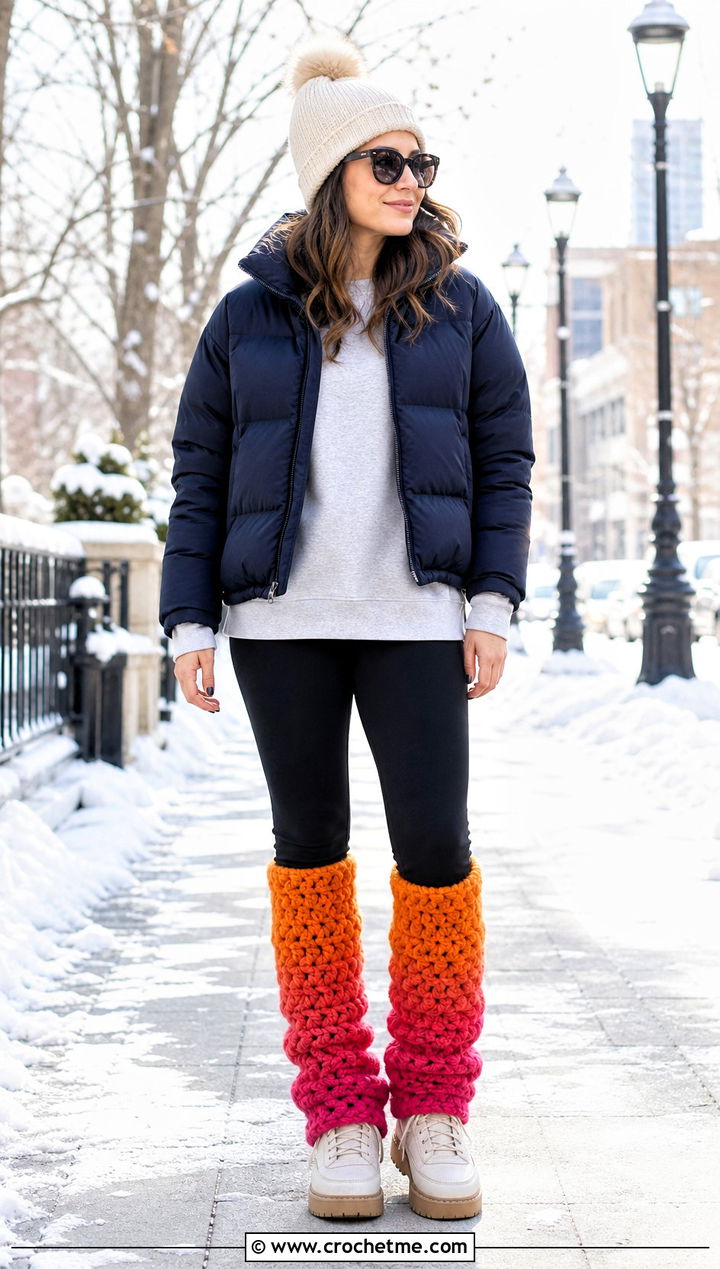 Ombre Chunky Crochet Leg Warmers With Puffer Jacket - 25 chunky crochet leg warmers outfit ideas