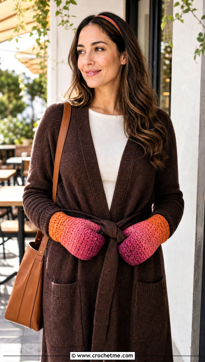 Ombre Chunky Crochet Mittens With Long Cardigan - 20 Chunky Yarn Crochet Mittens outfit ideas