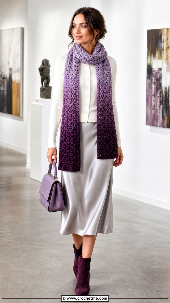 Ombre Chunky Crochet Scarf With Satin Skirt - 35 chunky crochet scarf outfit ideas