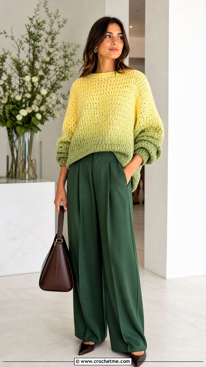 Ombre Chunky Crochet Sweater With Monochrome Trousers - 35 chunky crochet sweater outfit ideas
