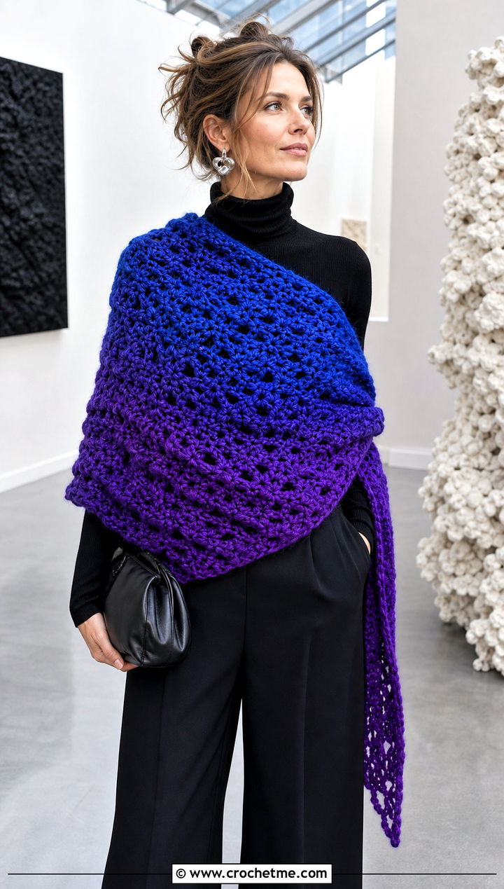 Ombre Chunky Shawl With Monochrome Black Outfit - 25 Crochet Chunky Shawl outfit ideas