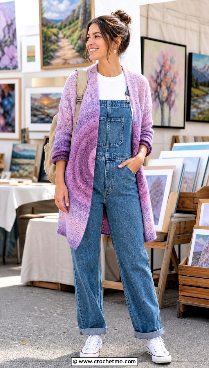 Ombre Circle Cardigan With Denim Overalls - 30 crochet circle cardigan outfit ideas