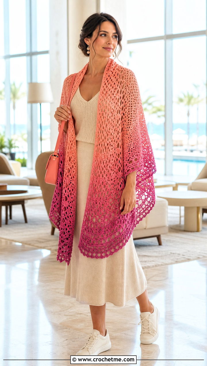 Ombre Circle Crochet Shawl With Monochrome Knit Set - 20 Circle Crochet Shawl outfit ideas