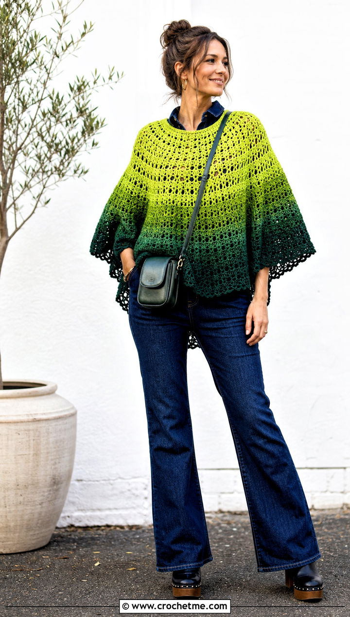 Ombre Circle Poncho With Denim Jumpsuit - 25 Crochet Circle Poncho outfit ideas