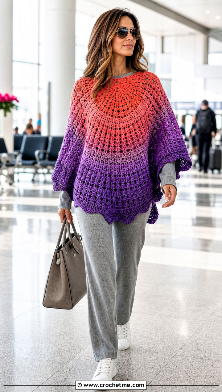 Ombre Circular Poncho With Travel Knit Set - 25 Crochet Circular Poncho outfit ideas