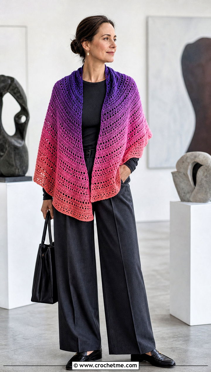 Ombre Circular Shawl With a Monochrome Outfit - 30 crochet circular shawl outfit ideas