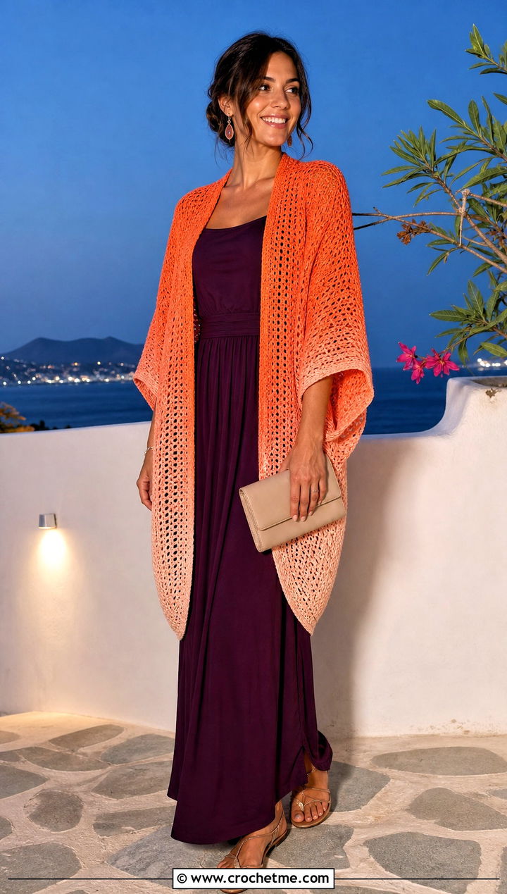 Ombre Cocoon Crochet Cardigan With Maxi Dress - 25 Cocoon Crochet Cardigan outfit ideas