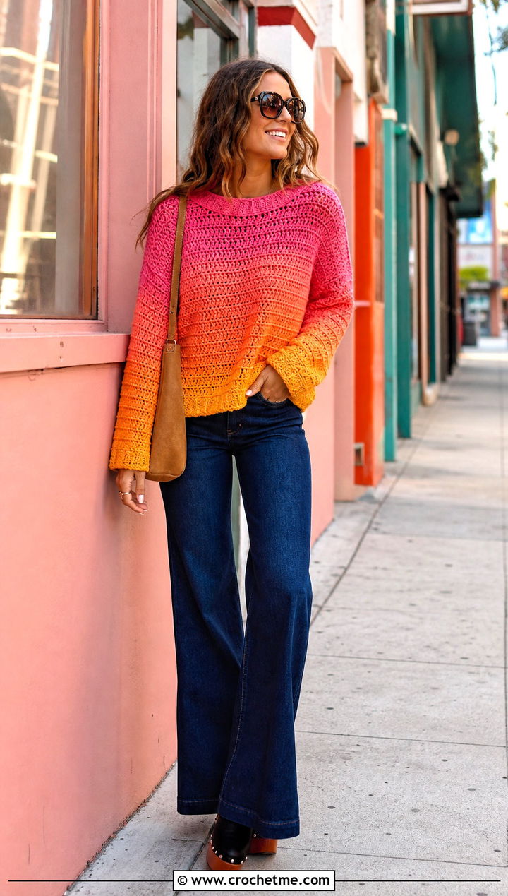 Ombre Color Block Crochet Sweater With Flared Jeans - 25 Color Block Crochet Sweater outfit ideas