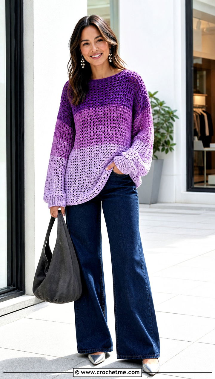 Ombre Colorblock Crochet Sweater With Wide Leg Jeans - 30 crochet colorblock sweater outfit ideas
