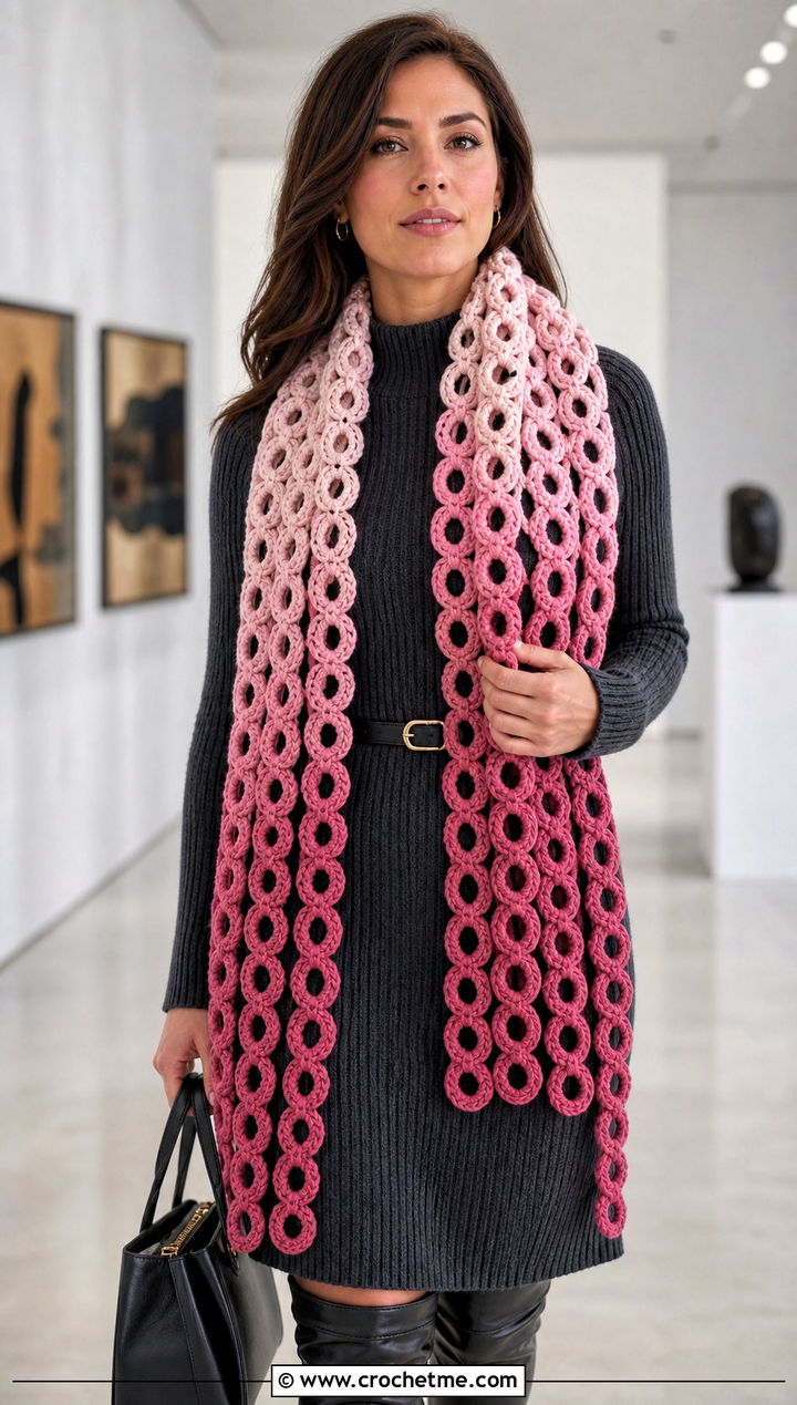 Ombre Connected Ring Crochet Scarf With Sweater Dress And Knee Boots - 15 Chain Link Crochet Scarf outfit ideas