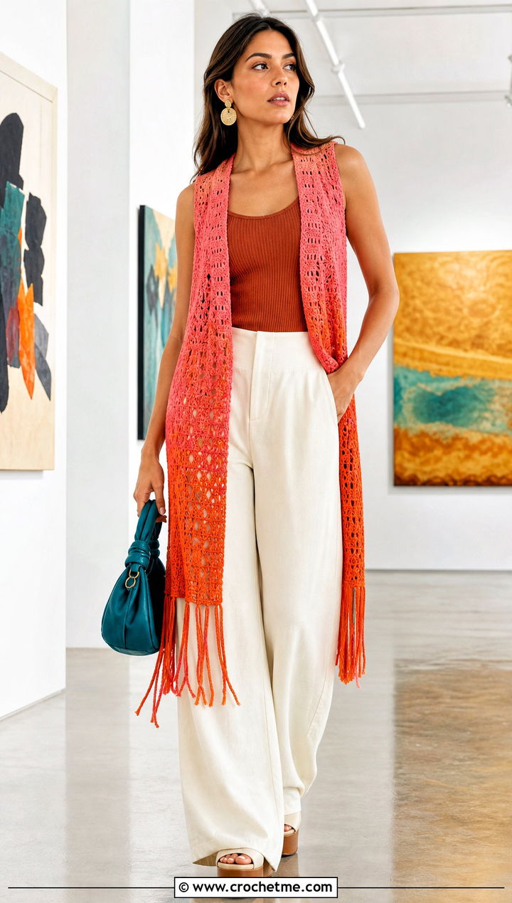 Ombre Coral Fringe Vest With Wide Leg Pants - 15 coral fringe vest in knit crochet boho style outfit ideas
