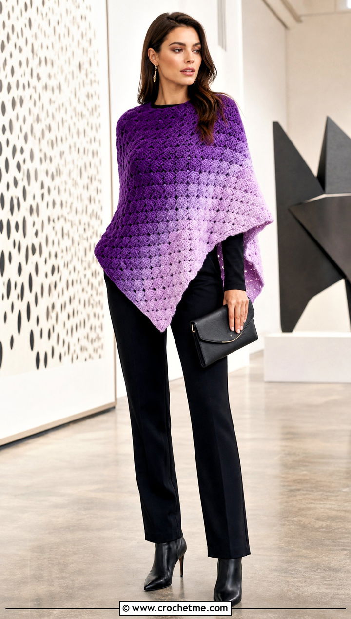 Ombre Corner To Corner Crochet Poncho With A Monochrome Outfit - 15 Corner To Corner Crochet Poncho outfit ideas