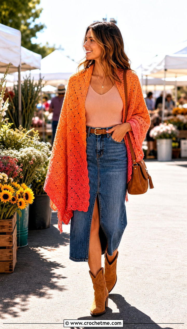 Ombre Corner To Corner Crochet Shawl With Denim Midi Skirt - 15 Corner To Corner Crochet Shawl outfit ideas
