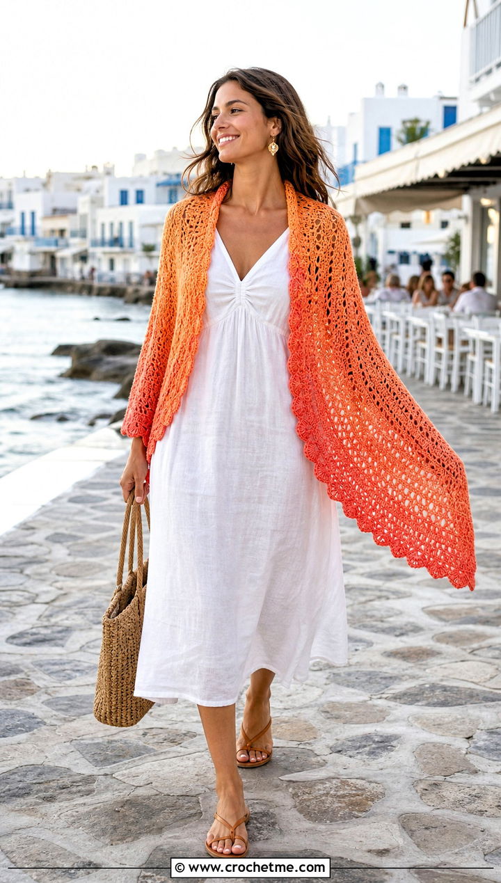 Ombre Crescent Crochet Moon Shawl With Linen Dress - 15 Crochet Moon Shawl outfit ideas