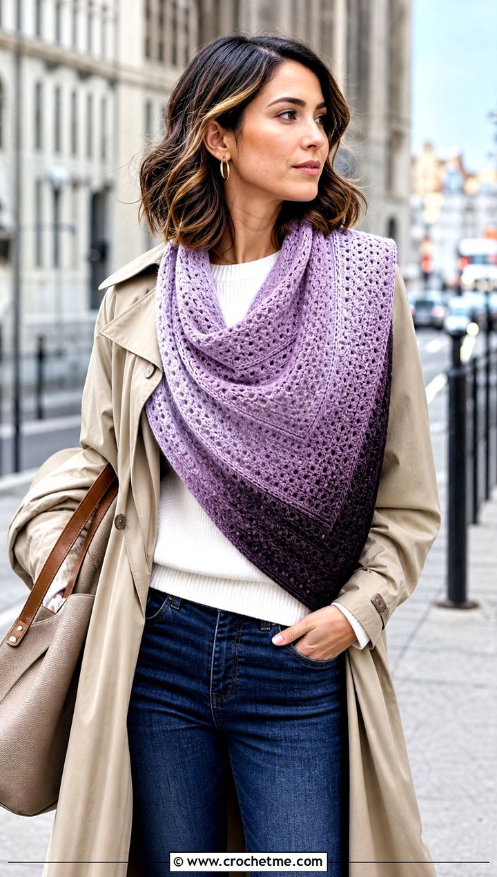 Ombre Crescent Crochet Shawl With Trench Coat - 25 Crescent Crochet Shawl outfit ideas