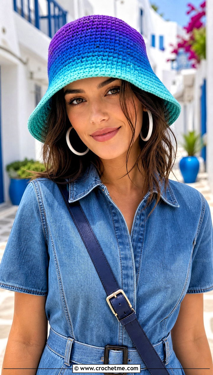 Ombre Crochet Adult Bucket Hat With Denim Dress - 25 crochet adult bucket hat outfit ideas