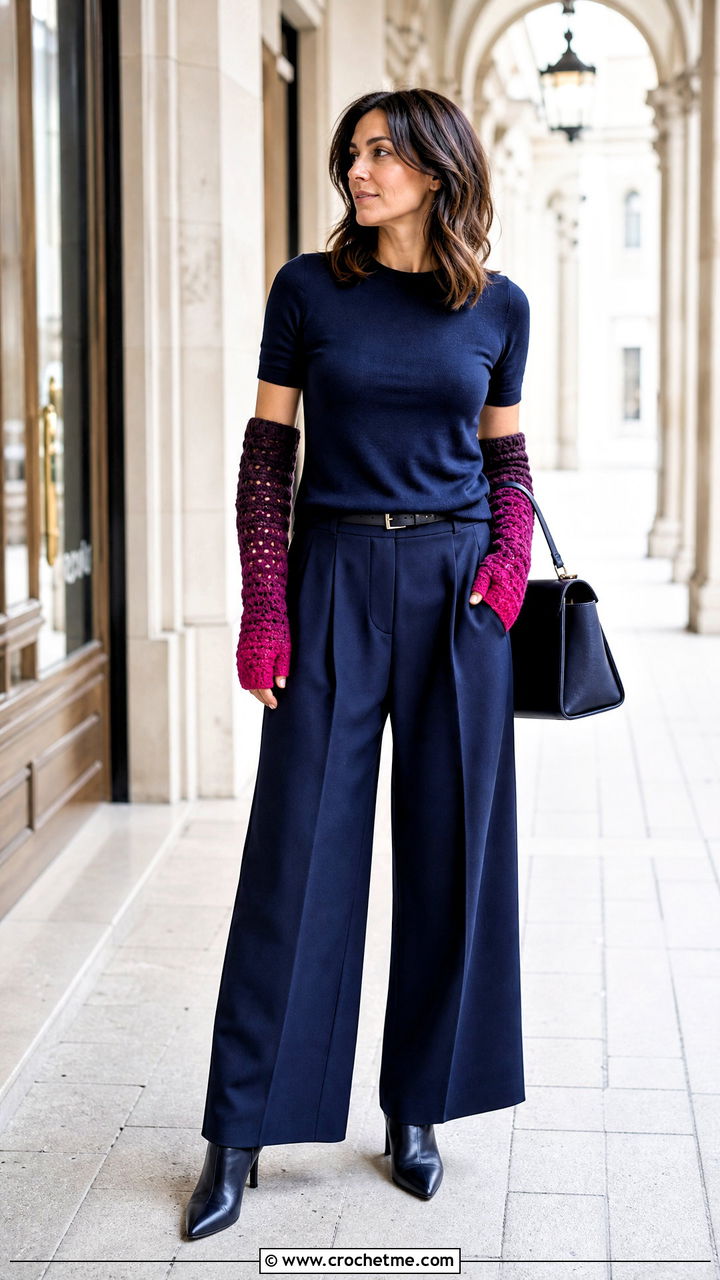 Ombre Crochet Arm Warmers With Monochrome Outfit - 35 crochet arm warmers outfit ideas