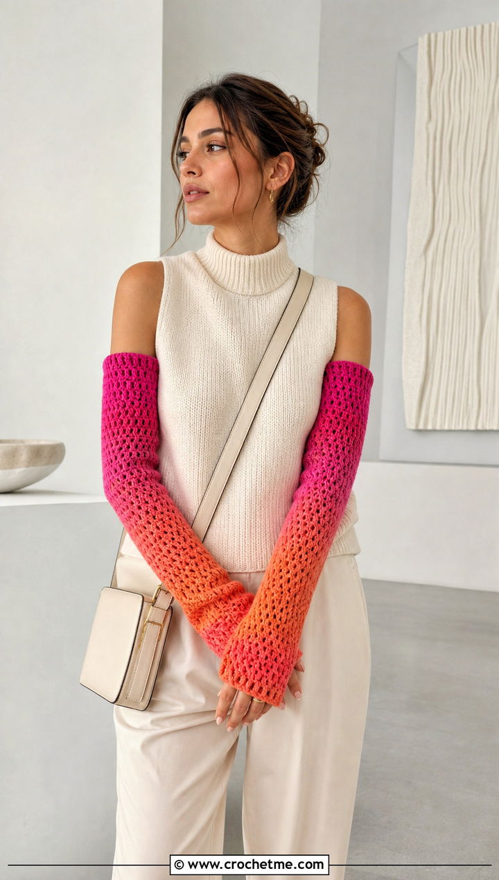 Ombre Crochet Arm Warmers With Monochrome Sweater And Trousers - 25 Crochet Arm Warmer outfit ideas