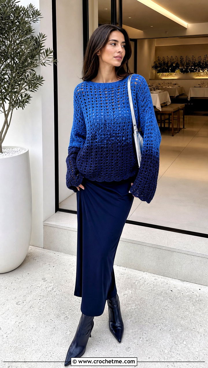 Ombre Crochet Baggy Sweater With Column Skirt - 30 crochet baggy sweater outfit ideas