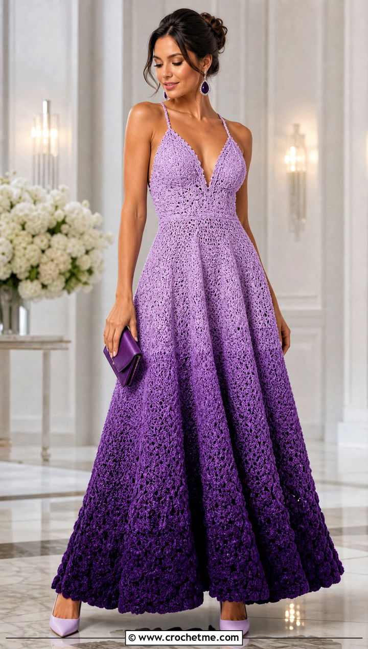 Ombre Crochet Ball Gown With Tonal Accessories - 20 Crochet Ball Gown outfit ideas