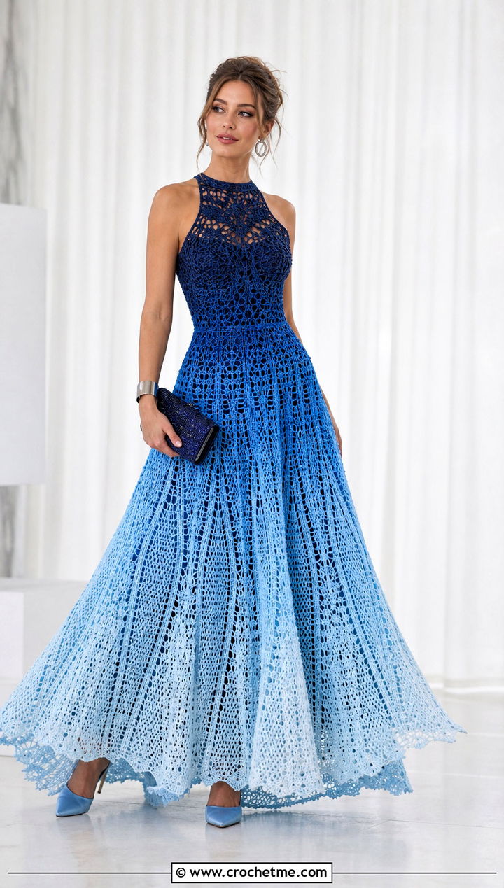 Ombre Crochet Ball Gown With Tonal Accessories - 30 crochet ball gown dress outfit ideas