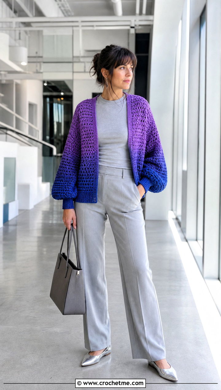 Ombre Crochet Balloon Sleeve Cardigan With Monochrome Basics - 30 crochet balloon sleeve cardigan outfit ideas