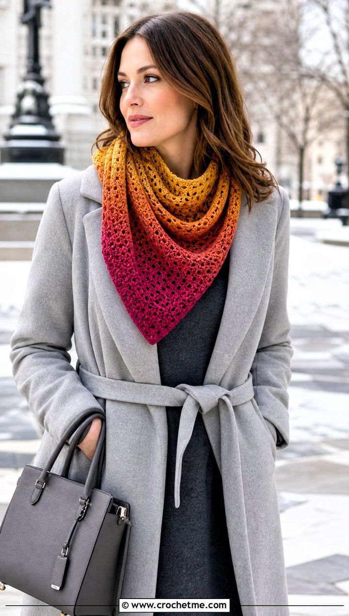 Ombre Crochet Bandana Cowl With Sweater Dress - 30 crochet bandana cowl outfit ideas