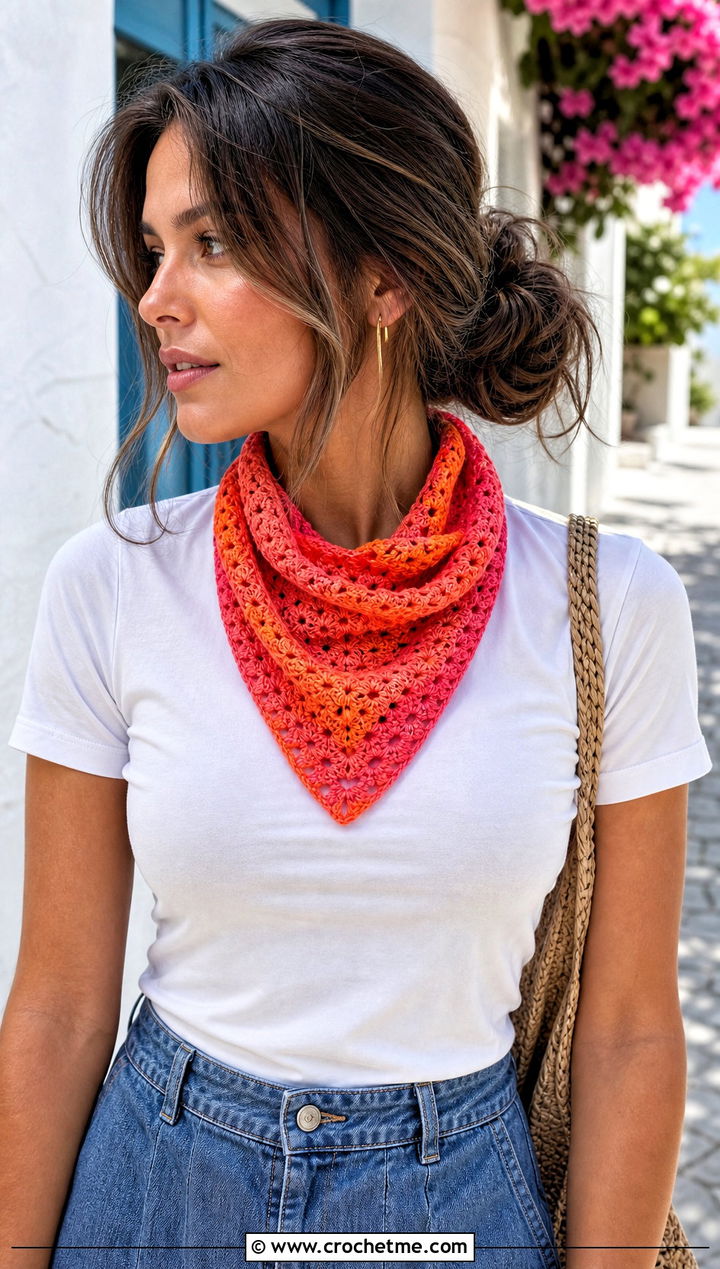 Ombre Crochet Bandana Scarf With T Shirt And Denim Skirt - 25 Ombre Crochet Scarf outfit ideas