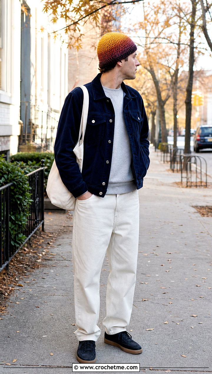 Ombre Crochet Beanie With Corduroy Jacket - 35 mens crochet beanie outfit ideas