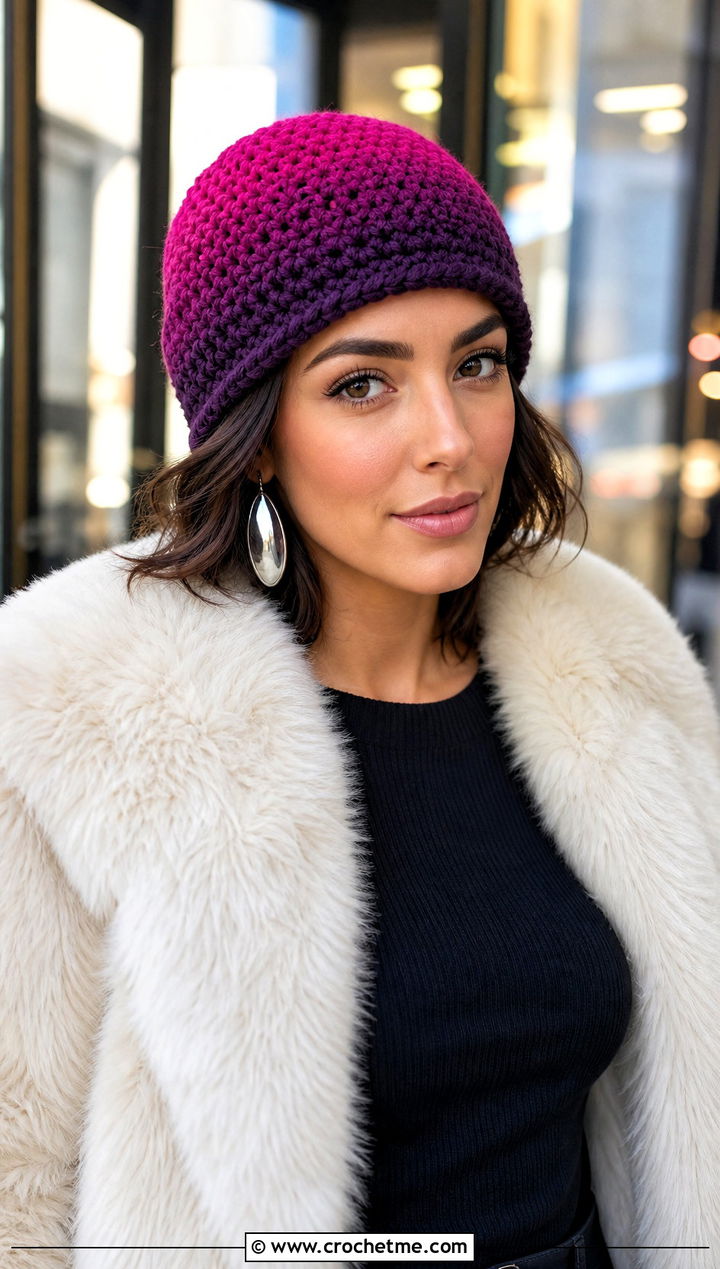 Ombre Crochet Beanie With Faux Fur Jacket - 30 winter crochet beanie outfit ideas