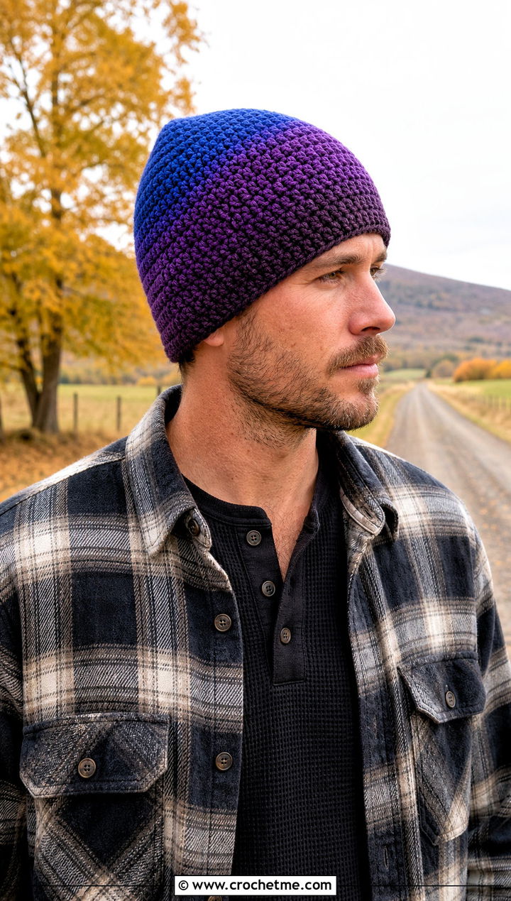 Ombre Crochet Beanie With Flannel Overshirt - 25 crocheted mens hats outfit ideas