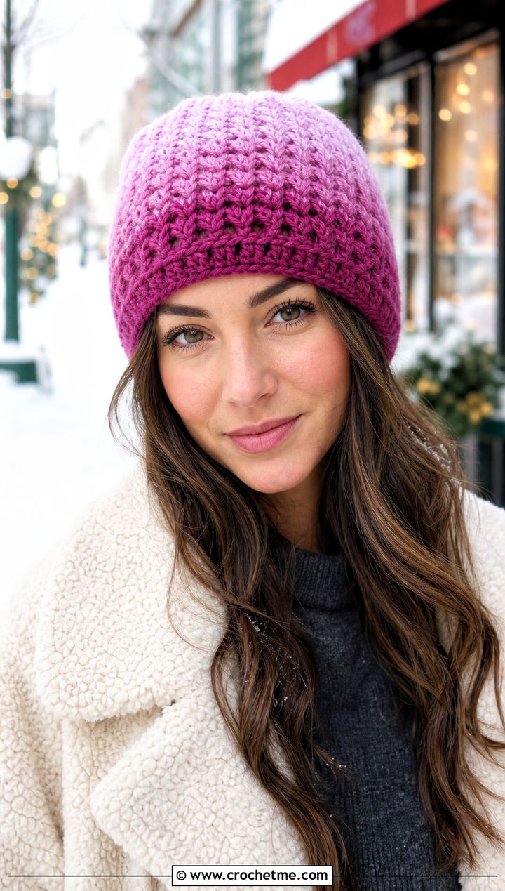 Ombre Crochet Beanie With Teddy Coat - 30 crochet beanies for women outfit ideas