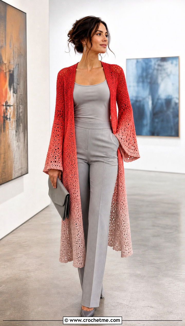 Ombre Crochet Bell Sleeve Cardigan With Monochrome Separates - 30 crochet bell sleeve cardigan outfit ideas