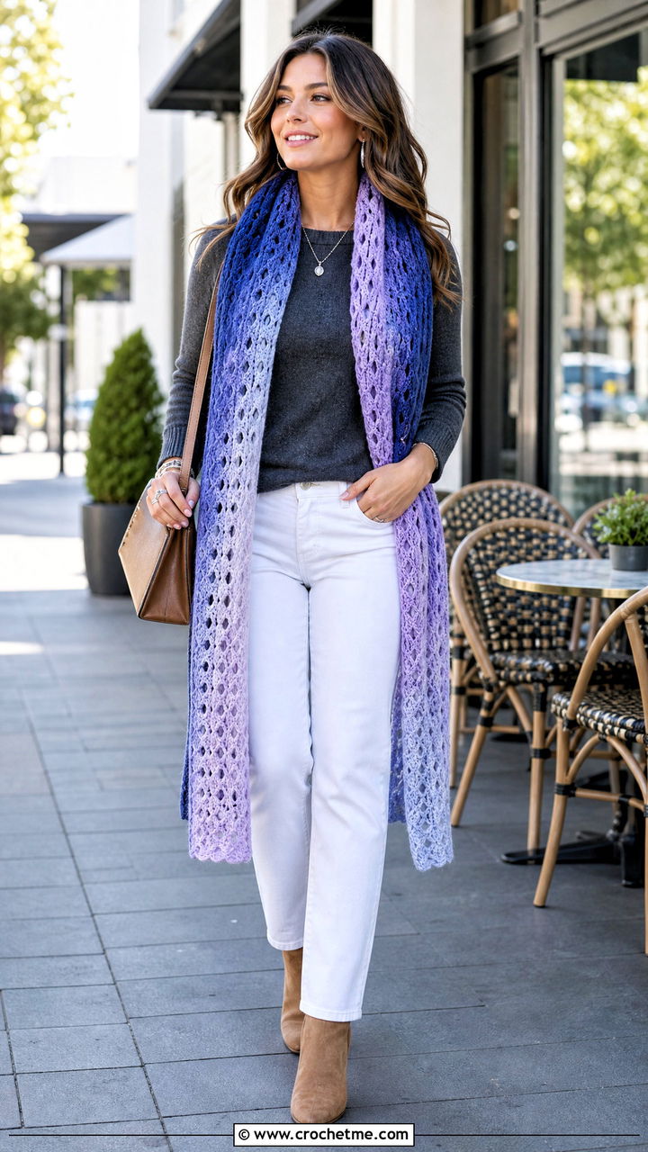 Ombre Crochet Blanket Scarf With White Denim - 35 crochet blanket scarf outfit ideas