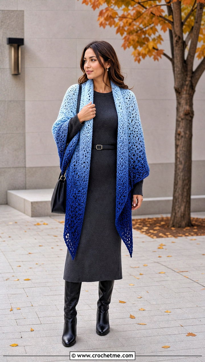 Ombre Crochet Blanket Shawl With Knit Dress - 30 crochet blanket shawl outfit ideas