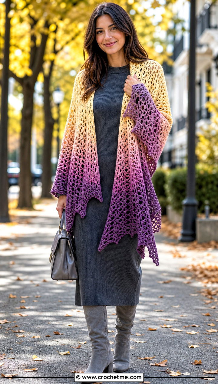 Ombre Crochet Boho Shawl With Knit Dress - 30 crochet boho shawl outfit ideas